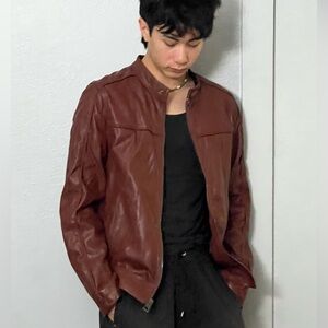 Burgundy Guess Men’s burgundy faux leather stand collar jacket. Size XS.